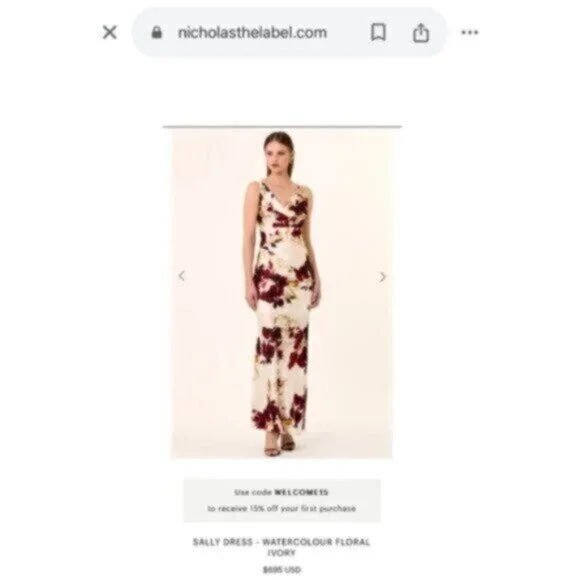 NWT NICHOLAS Sally Watercolor Floral Ivory Cowl Neck Side Slit Maxi Dress - Picture 4 of 17